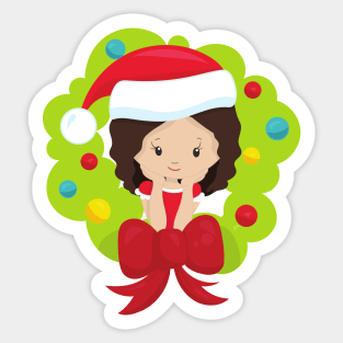 Christmas Girl, Brown Hair, Christmas Wreath Sticker